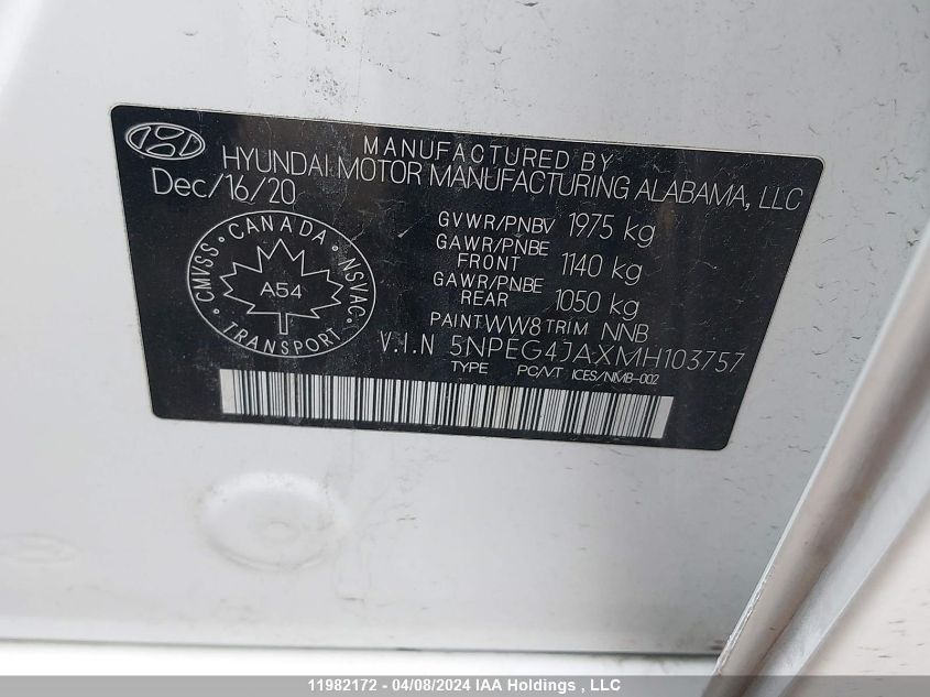 2021 Hyundai Sonata Se VIN: 5NPEG4JAXMH103757 Lot: 11982172