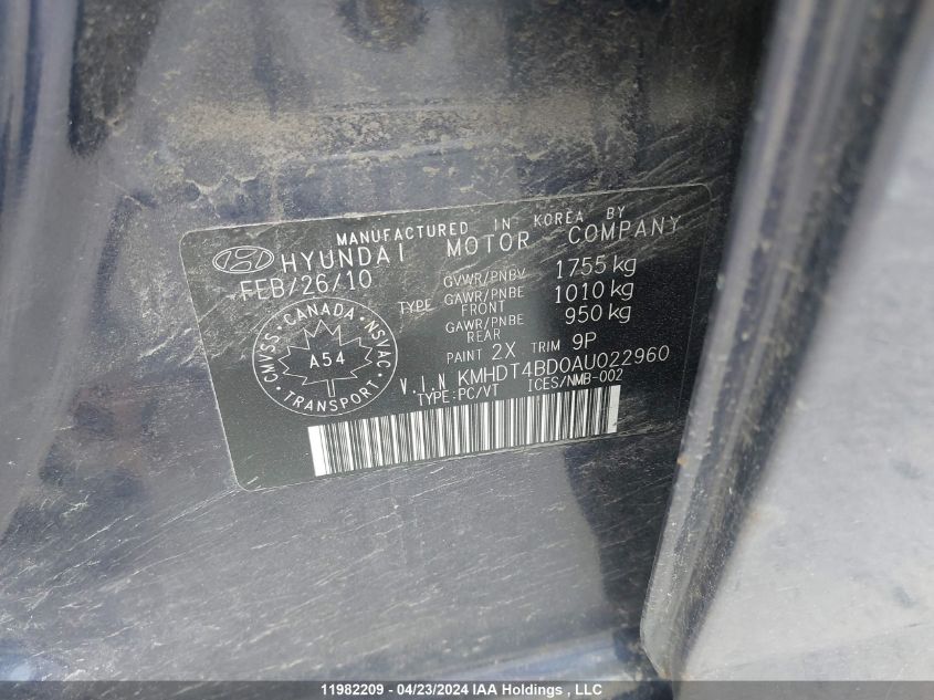 2010 Hyundai Elantra VIN: KMHDT4BD0AU022960 Lot: 11982209
