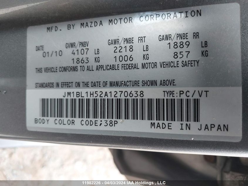 2010 Mazda Mazda3 VIN: JM1BL1H52A1270638 Lot: 11982226