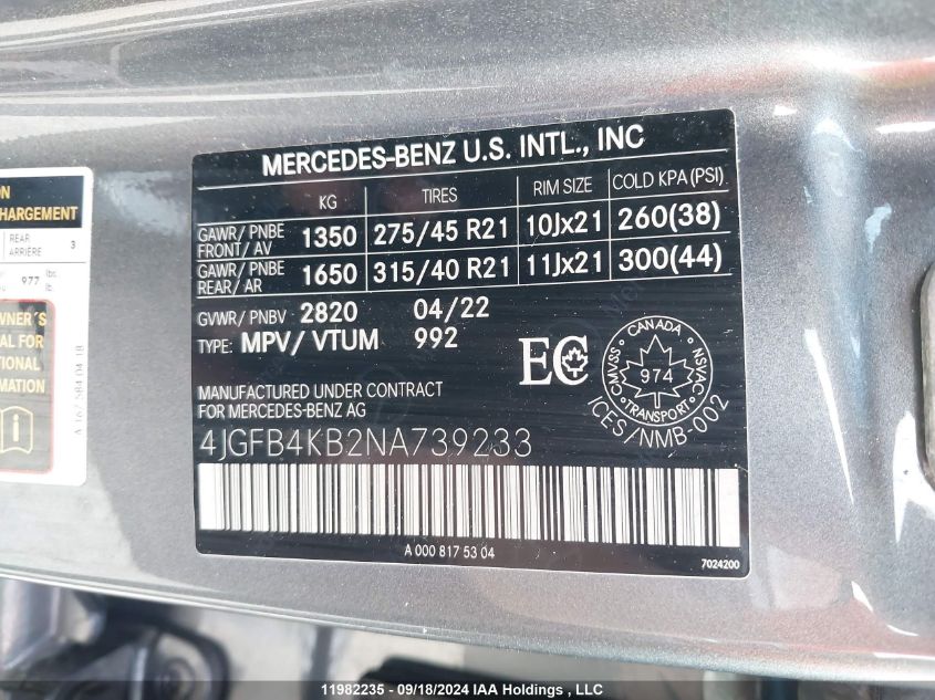 4JGFB4KB2NA739233 2022 Mercedes-Benz Gle 350 4Matic