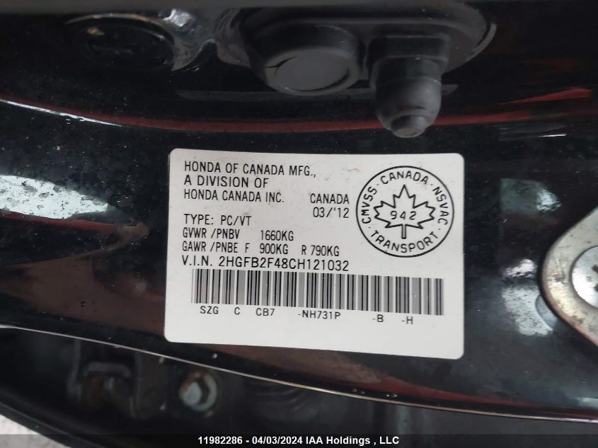 2012 Honda Civic Sdn VIN: 2HGFB2F48CH121032 Lot: 11982286