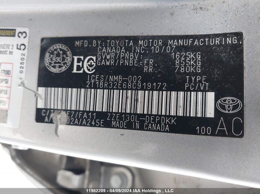 2008 Toyota Corolla Le VIN: 2T1BR32E68C919172 Lot: 11982289