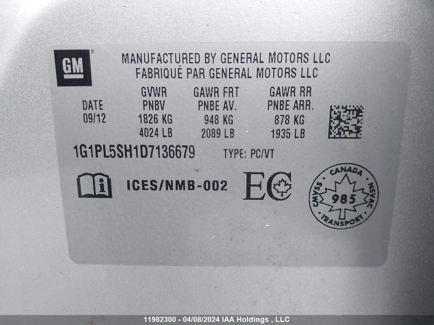 2013 Chevrolet Cruze VIN: 1G1PL5SH1D7136679 Lot: 11982300