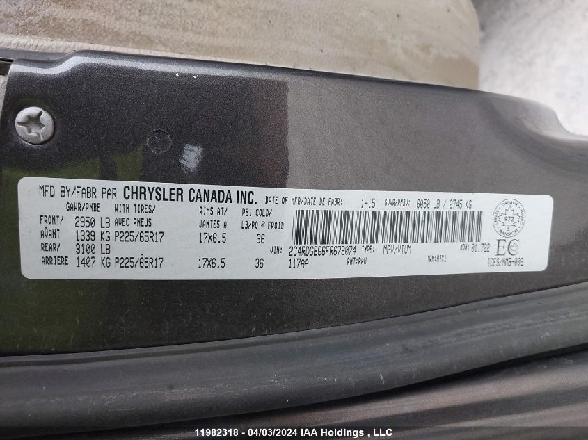 2015 Dodge Grand Caravan Se/Sxt VIN: 2C4RDGBG6FR679074 Lot: 11982318