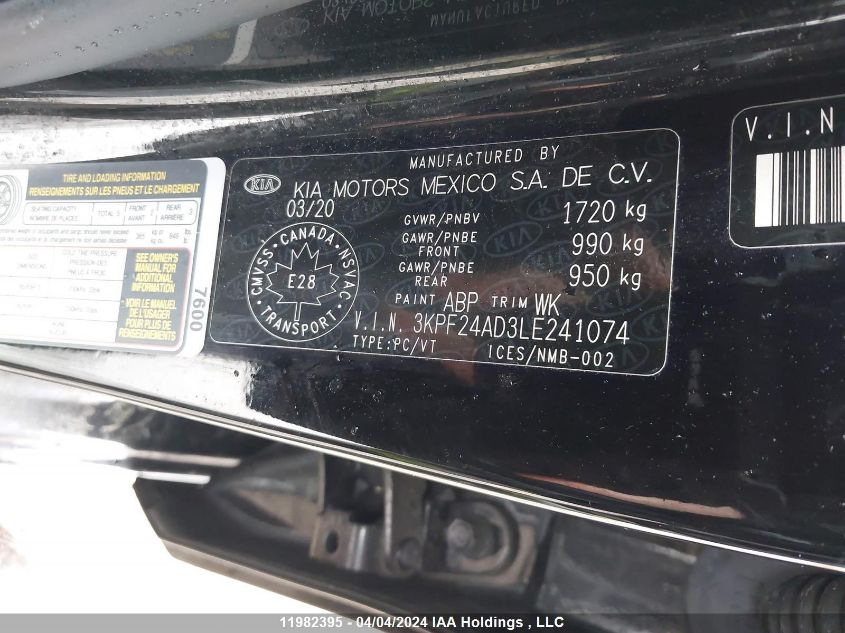 2020 Kia Forte VIN: 3KPF24AD3LE241074 Lot: 11982395