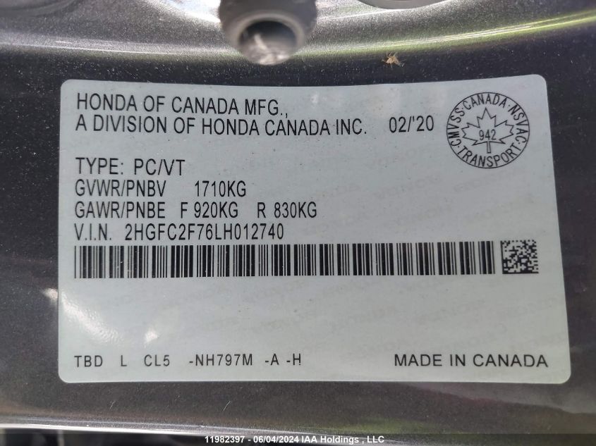 2020 Honda Civic VIN: 2HGFC2F76LH012740 Lot: 11982397