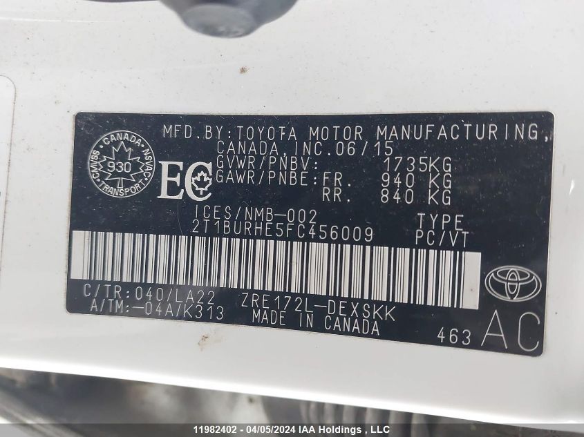 2015 Toyota Corolla Le VIN: 2T1BURHE5FC456009 Lot: 11982402
