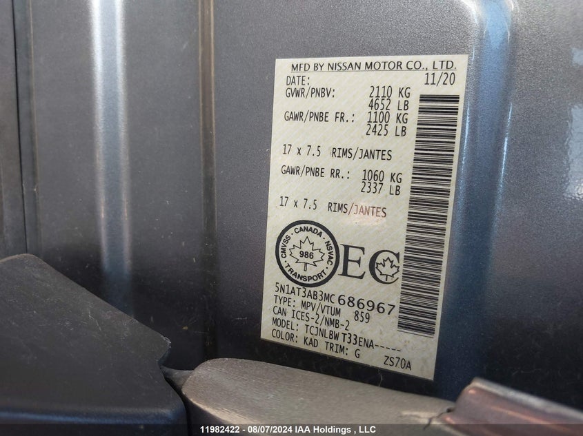 2021 Nissan Rogue VIN: 5N1AT3AB3MC686967 Lot: 11982422