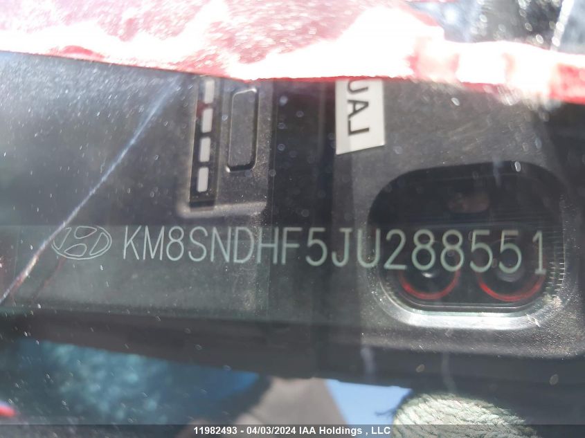 2018 Hyundai Santa Fe Se/Limited VIN: KM8SNDHF5JU288551 Lot: 39236374
