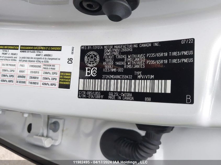 2022 Lexus Rx 350 VIN: 2T2HZMDA8NC359432 Lot: 11982495