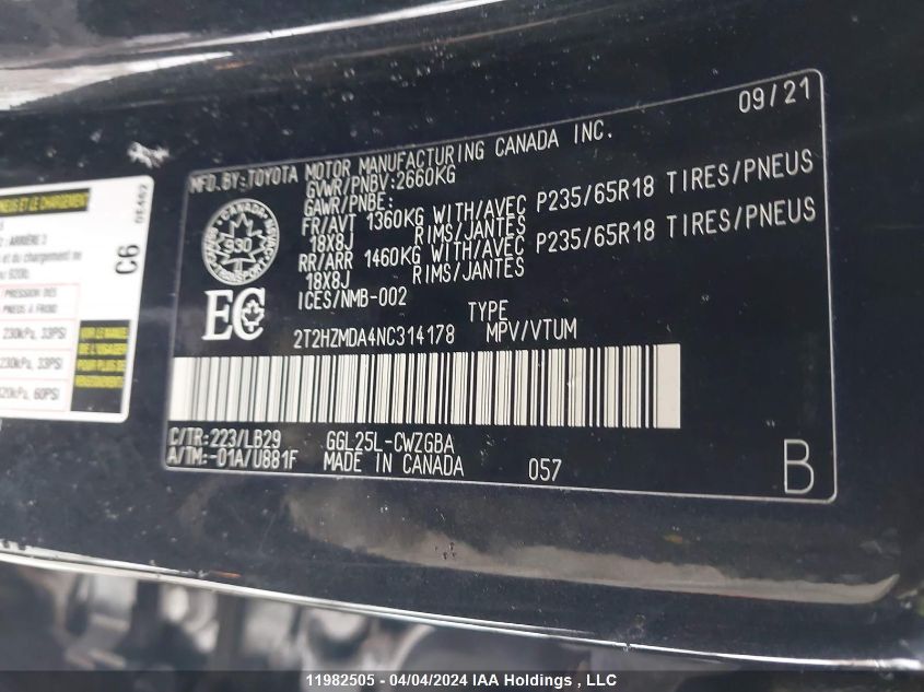 2022 Lexus Rx 350 VIN: 2T2HZMDA4NC314178 Lot: 11982505