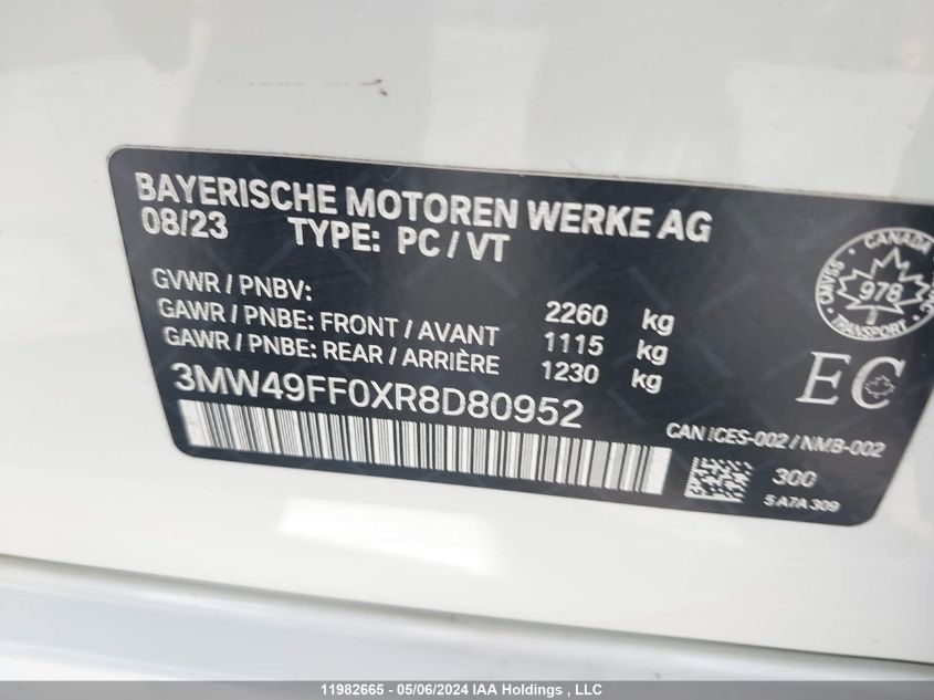 2024 BMW 3 Series VIN: 3MW49FF0XR8D80952 Lot: 11982665
