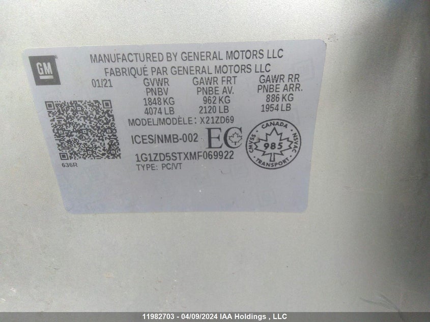 2021 Chevrolet Malibu Lt VIN: 1G1ZD5STXMF069922 Lot: 11982703