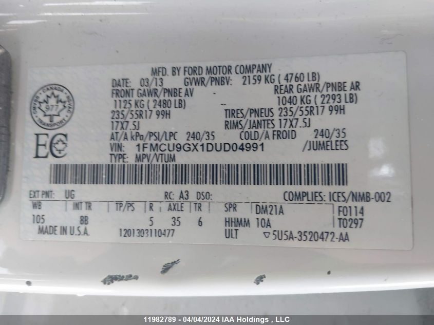 1FMCU9GX1DUD04991 2013 Ford Escape