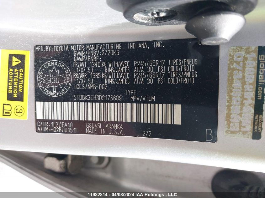 2013 Toyota Highlander Plus/Se VIN: 5TDBK3EH3DS176689 Lot: 11982814