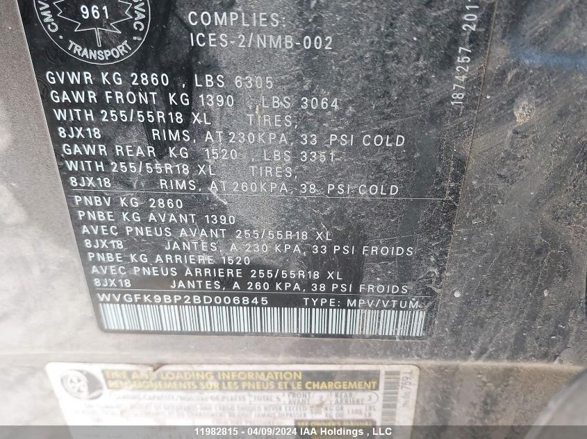 2011 Volkswagen Touareg VIN: WVGFK9BP2BD006845 Lot: 11982815