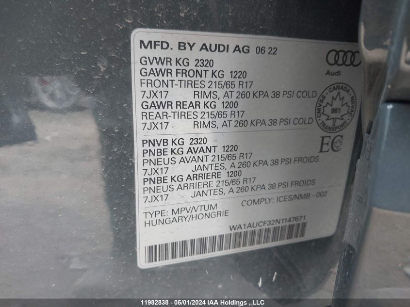 2022 Audi Q3 VIN: WA1AUCF32N1147671 Lot: 11982838