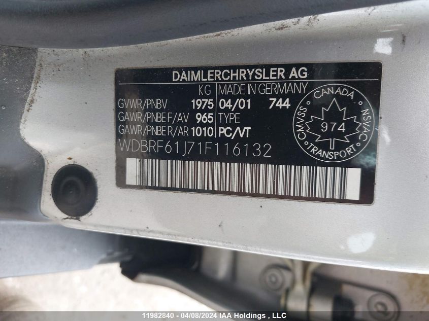 2001 Mercedes-Benz C-Class VIN: WDBRF61J71F116132 Lot: 11982840