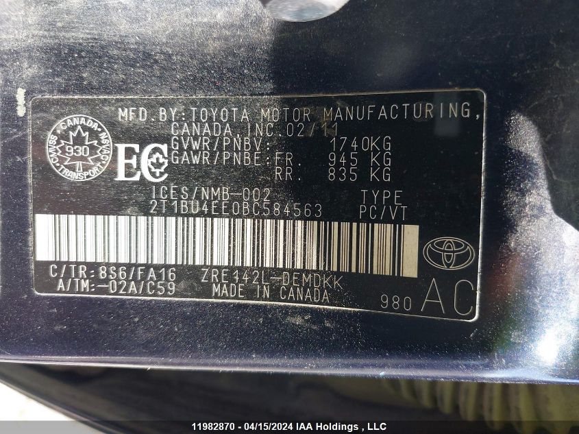 2011 Toyota Corolla VIN: 2T1BU4EE0BC584563 Lot: 11982870