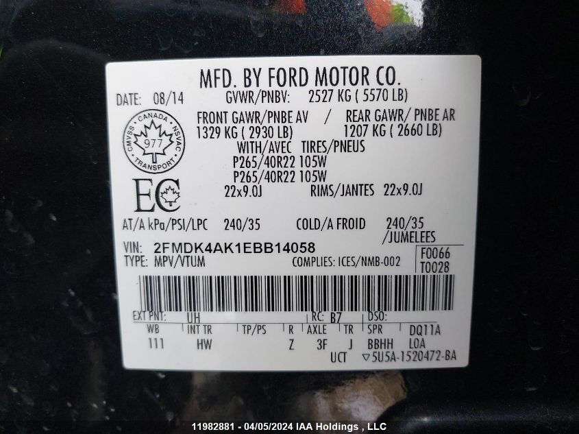 2FMDK4AK1EBB14058 2014 Ford Edge Sport