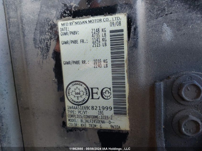 2009 Nissan Maxima S/Sv VIN: 1N4AA51E69C821999 Lot: 11982885