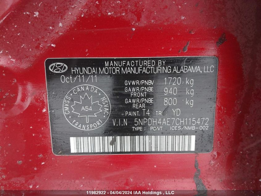 2012 Hyundai Elantra VIN: 5NPDH4AE7CH115472 Lot: 11982922