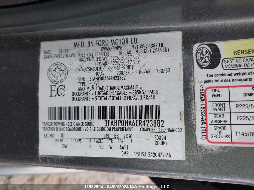 2012 Ford Fusion Se VIN: 3FAHP0HA6CR423882 Lot: 11982994