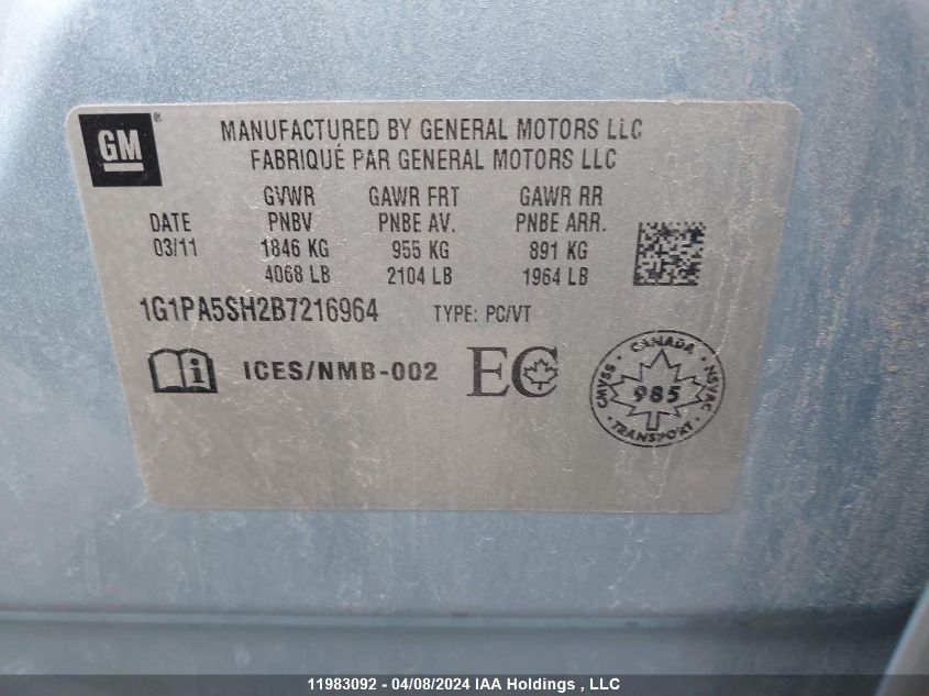 2011 Chevrolet Cruze VIN: 1G1PA5SH2B7216964 Lot: 11983092