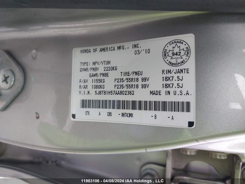 2010 Acura Rdx VIN: 5J8TB1H57AA802362 Lot: 11983106