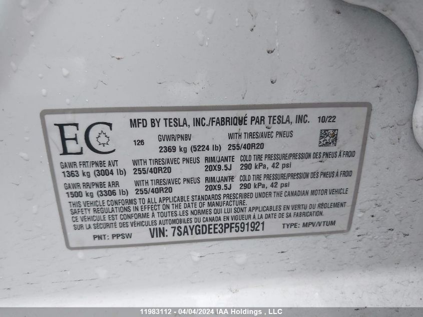 2023 Tesla Model Y VIN: 7SAYGDEE3PF591921 Lot: 11983112