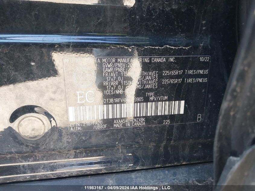 2022 Toyota Rav4 Le VIN: 2T3B1RFV4NW323905 Lot: 11983167
