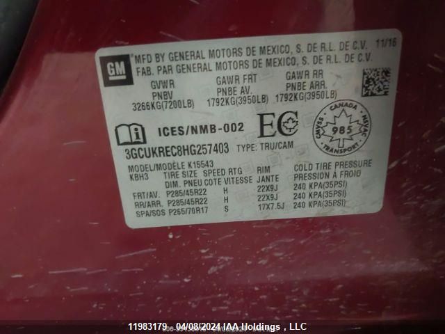 2017 Chevrolet Silverado 1500 VIN: 3GCUKREC8HG257403 Lot: 11983179