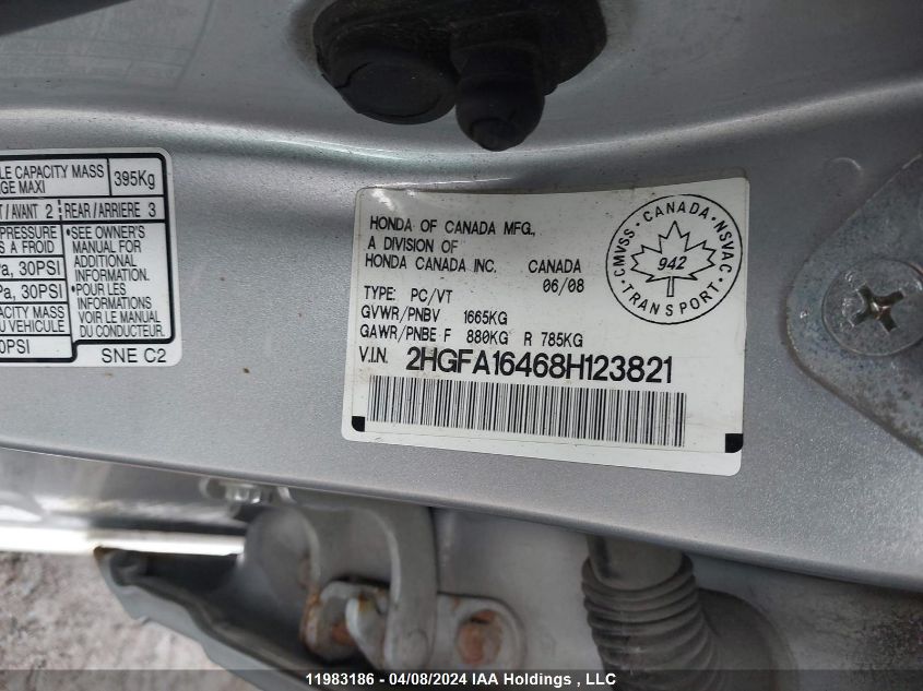 2008 Honda Civic VIN: 2HGFA16468H123821 Lot: 39241359