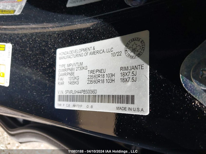 2023 Honda Odyssey VIN: 5FNRL6H44PB500960 Lot: 11983188