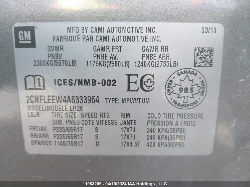 2010 Chevrolet Equinox VIN: 2CNFLEEW4A6333964 Lot: 11983205