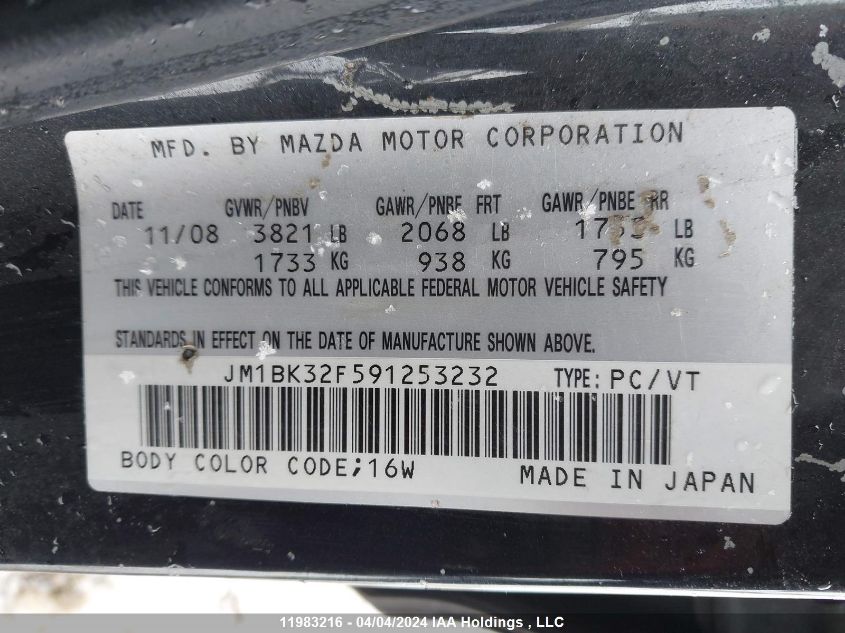 2009 Mazda Mazda3 VIN: JM1BK32F591253232 Lot: 11983216