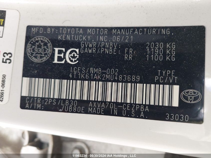 2021 Toyota Camry VIN: 4T1K61AK2MU483689 Lot: 11983234