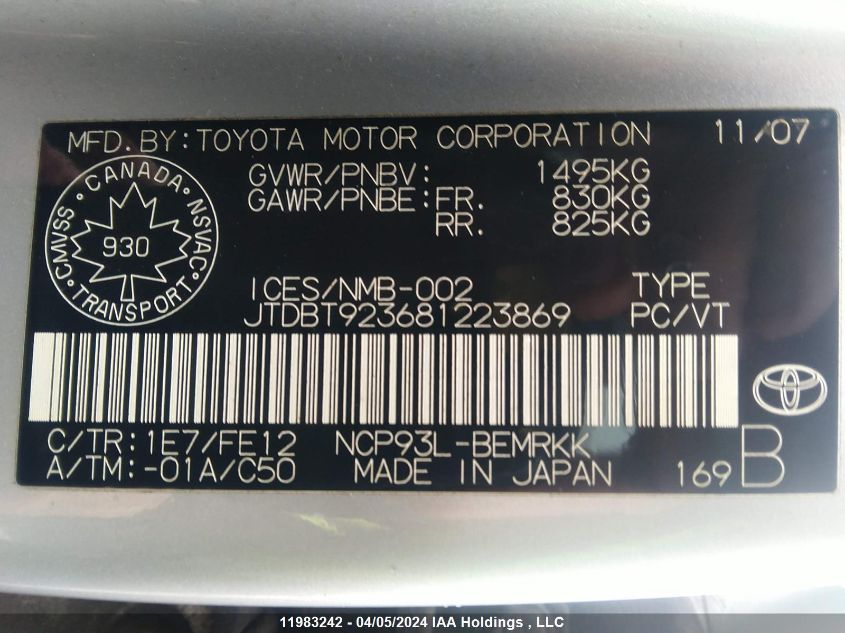 2008 Toyota Yaris VIN: JTDBT923681223869 Lot: 39240739