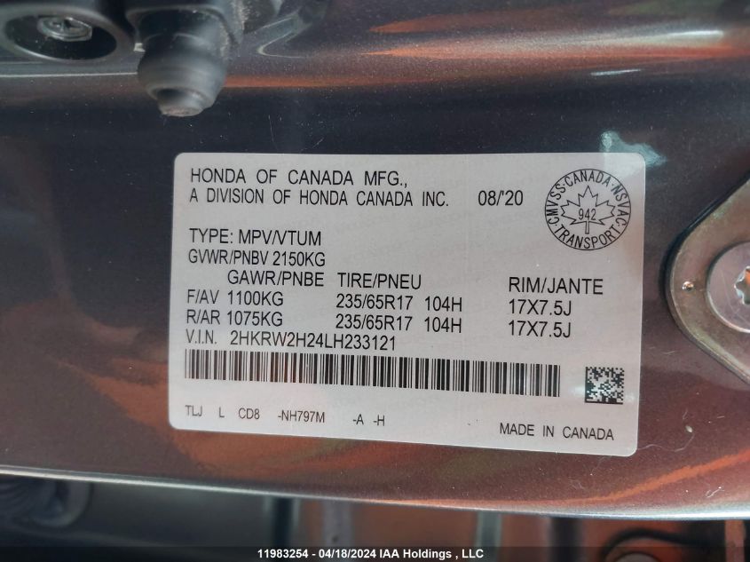 2020 Honda Cr-V VIN: 2HKRW2H24LH233121 Lot: 11983254