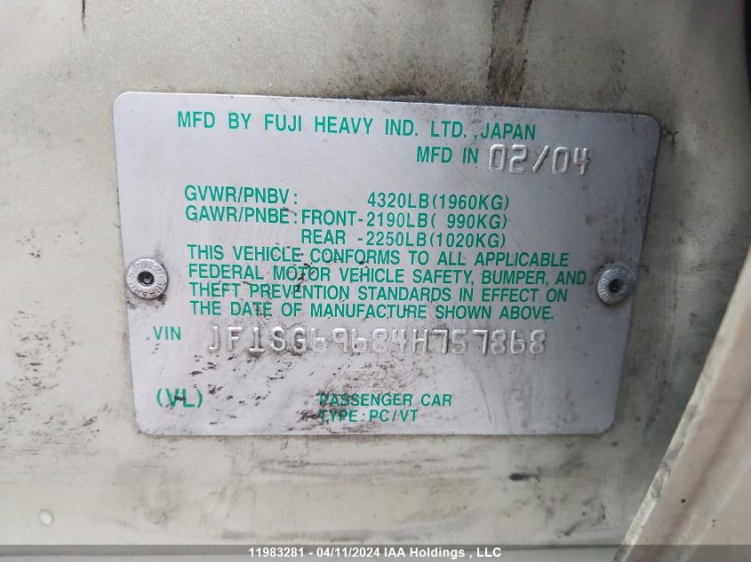 2004 Subaru Forester 2.5Xt VIN: JF1SG69684H757868 Lot: 39241028