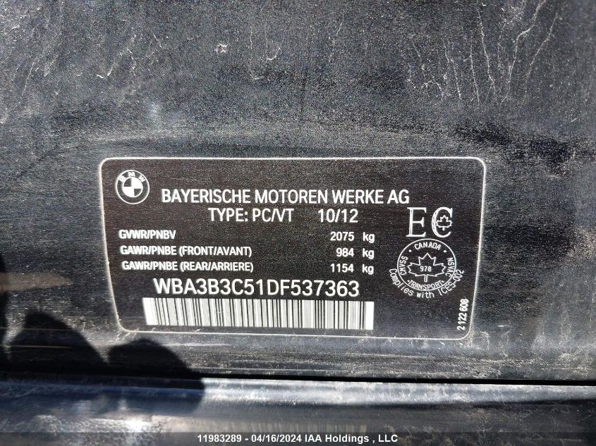 2013 BMW 3 Series VIN: WBA3B3C51DF537363 Lot: 11983289