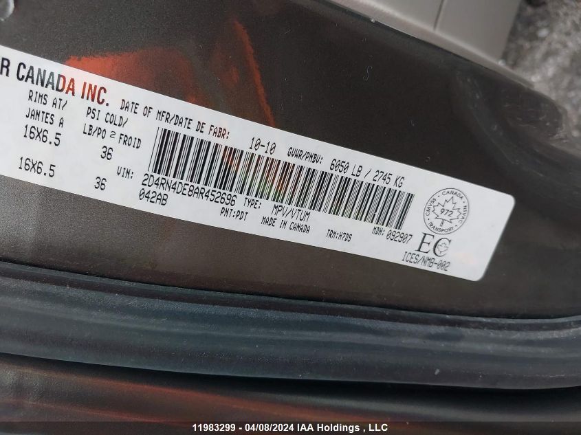 2010 Dodge Grand Caravan Se VIN: 2D4RN4DE8AR452696 Lot: 11983299