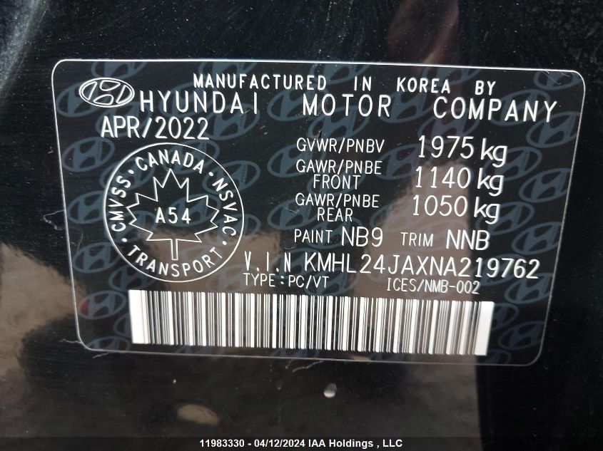 2022 Hyundai Sonata Se VIN: KMHL24JAXNA219762 Lot: 11983330