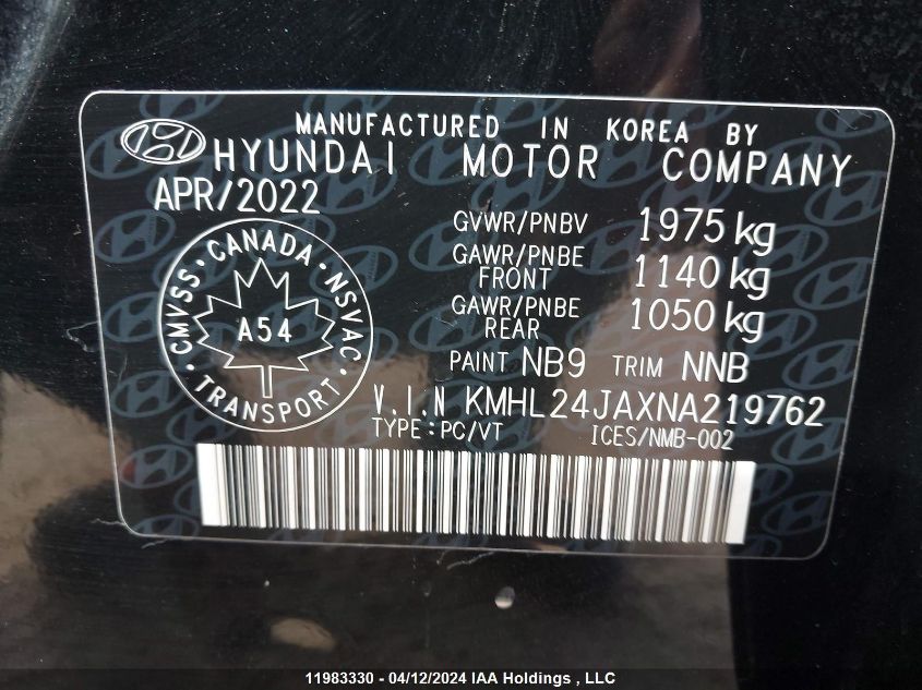 2022 Hyundai Sonata Se VIN: KMHL24JAXNA219762 Lot: 11983330