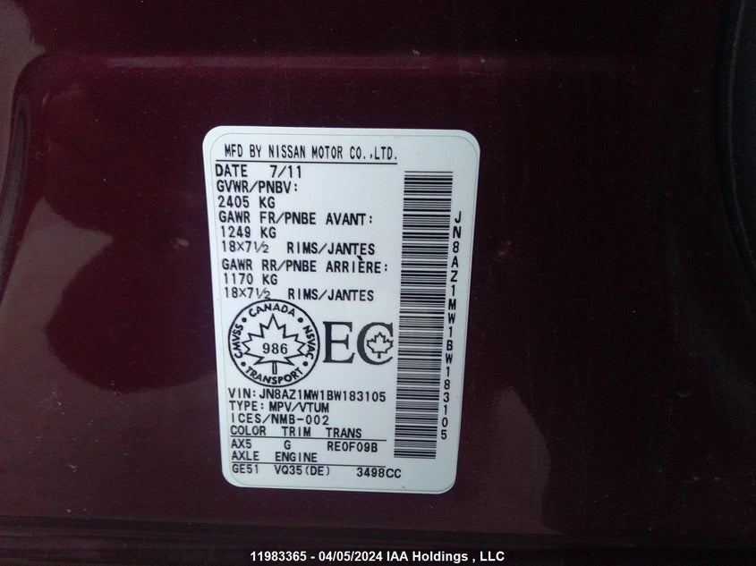 2011 Nissan Murano Sl VIN: JN8AZ1MW1BW183105 Lot: 11983365