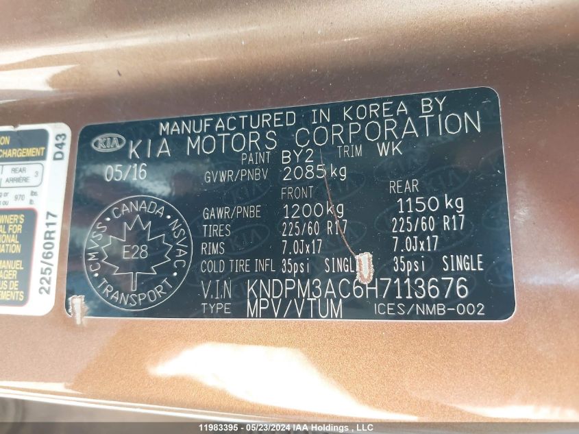 2017 Kia Sportage VIN: KNDPM3AC6H7113676 Lot: 11983395