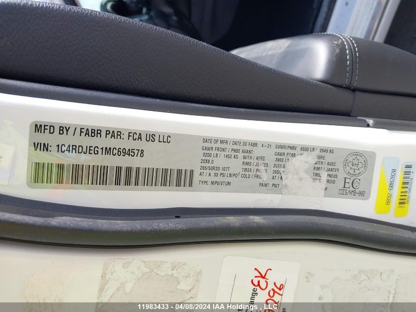 2021 Dodge Durango Citadel VIN: 1C4RDJEG1MC694578 Lot: 39240571