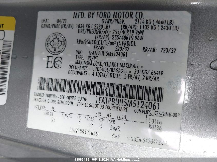 2021 Ford Mustang VIN: 1FATP8UH5M5124061 Lot: 11983435