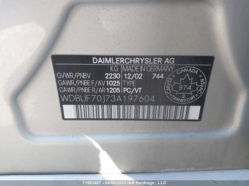 2003 Mercedes-Benz E-Class VIN: WDBUF70J73A197604 Lot: 11983467