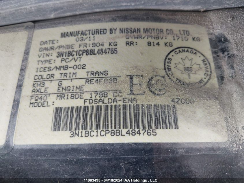 2011 Nissan Versa S/Sl VIN: 3N1BC1CP8BL484765 Lot: 11983495